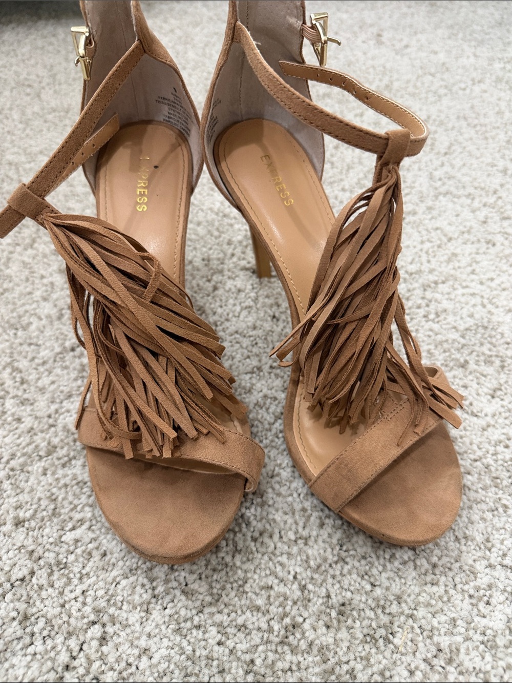 Express Tan Suede Fringe Heels